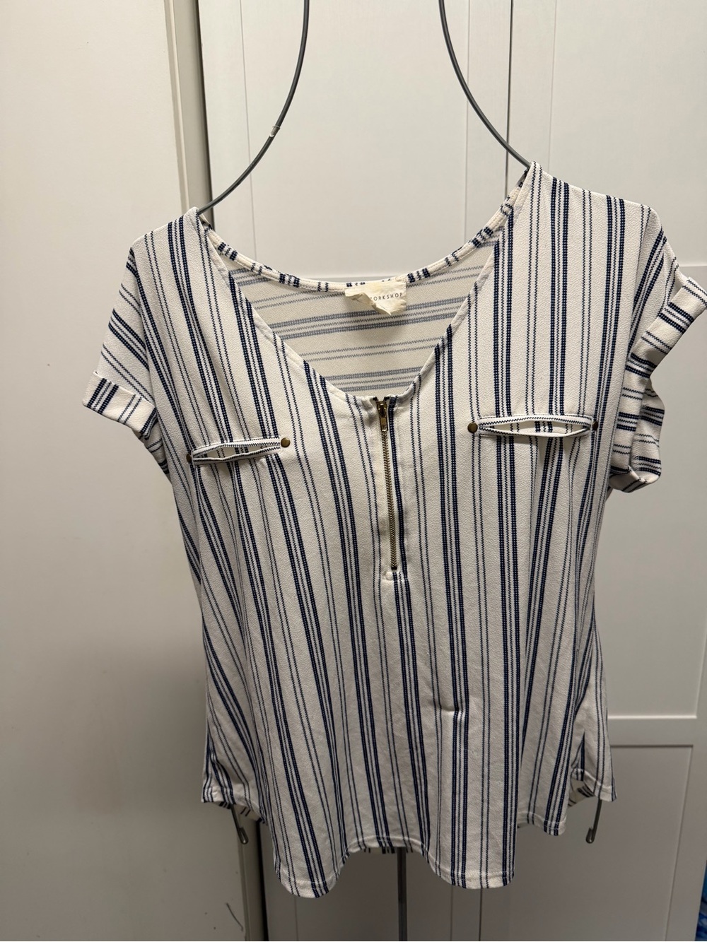 Workshop Republic Clothing White and Navy Vertical Stripe V-Neck Zip Top